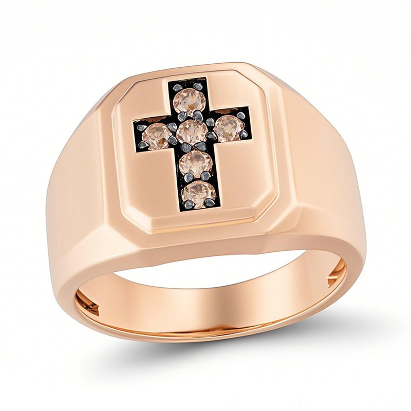 Anel de sinete personalizado em ouro rosa 10K, 1/3 CT, corte redondo, diamante, champanhe, cor M, pureza I2, 3EX-10