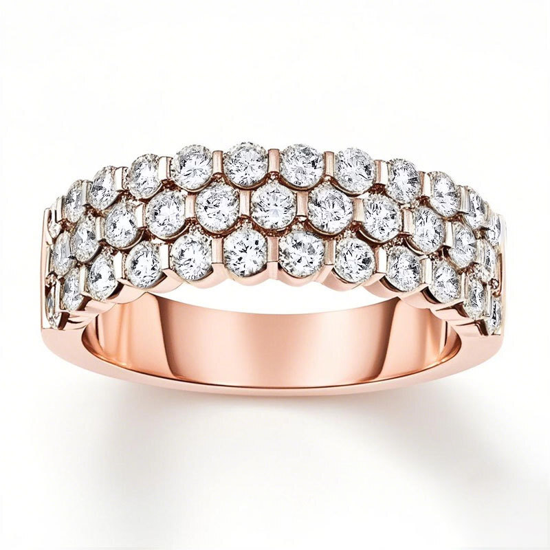 Anel empilhável personalizado com diamante de corte redondo em ouro rosa 10K, cor I2, clareza 3EX, certificado IGI-1