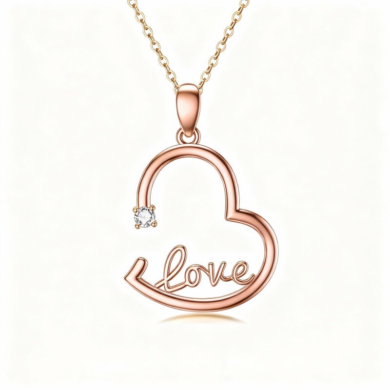18K Rose Gold Round Cut Diamond Heart Pendant Necklace with Engraved Word-1