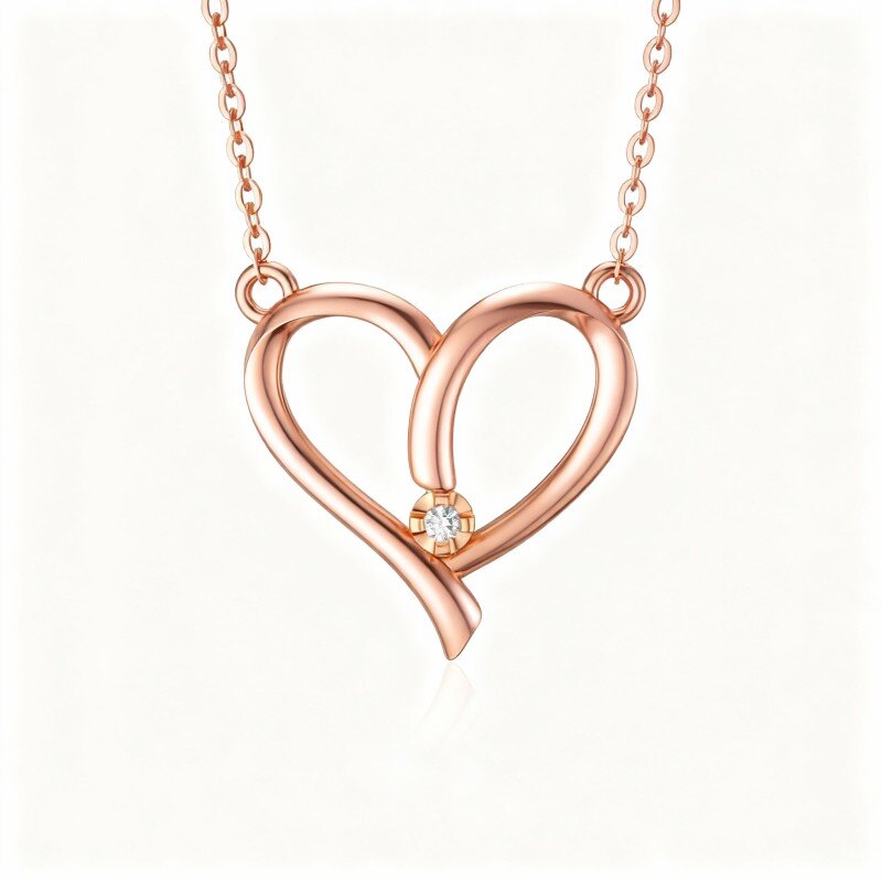 Collar con colgante de corazón de diamante de talla redonda en oro rosa de 14 quilates-1