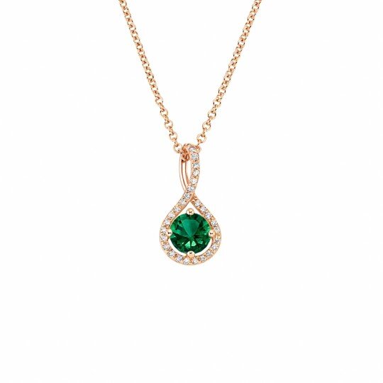 10K Rose Gold Round Cut Diamond & Lab Created Emerald Couple Pendant Necklace