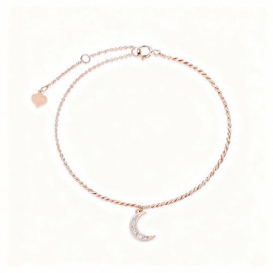 10K Rose Gold Round Cut Diamond Moon Single Layer Charm Anklet