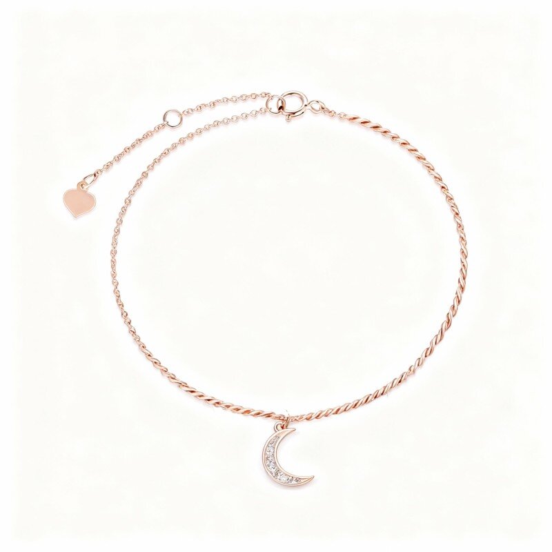 10K Rose Gold Round Cut Diamond Moon Single Layer Charm Anklet-18