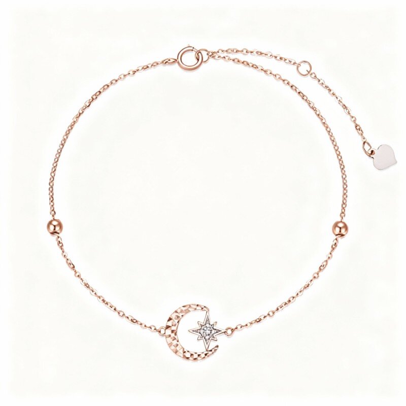 10K Rose Gold Round Cut Diamond Moon & Star Single Layer Charm Anklet-1