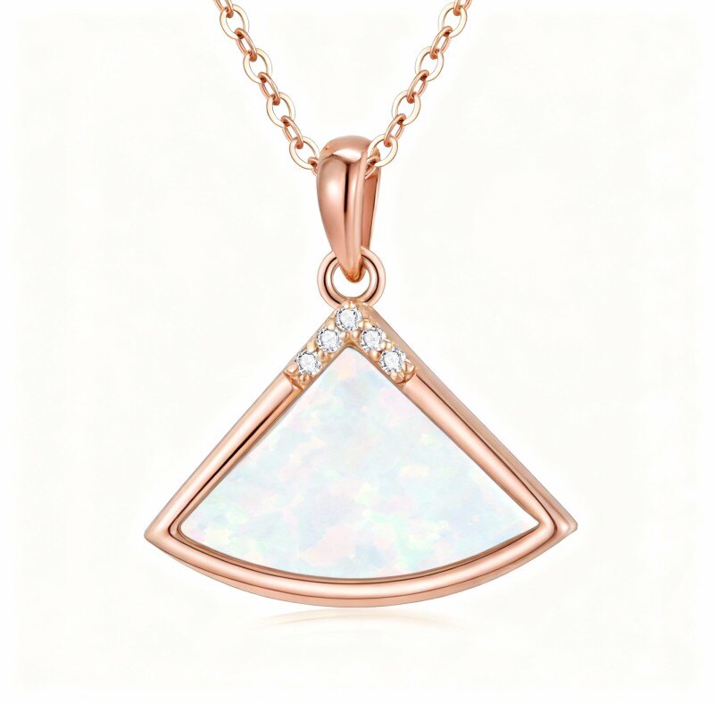 Colar com pendente em forma de setor, em ouro rosa 10K, com diamante de lapidação redonda e opala.-1