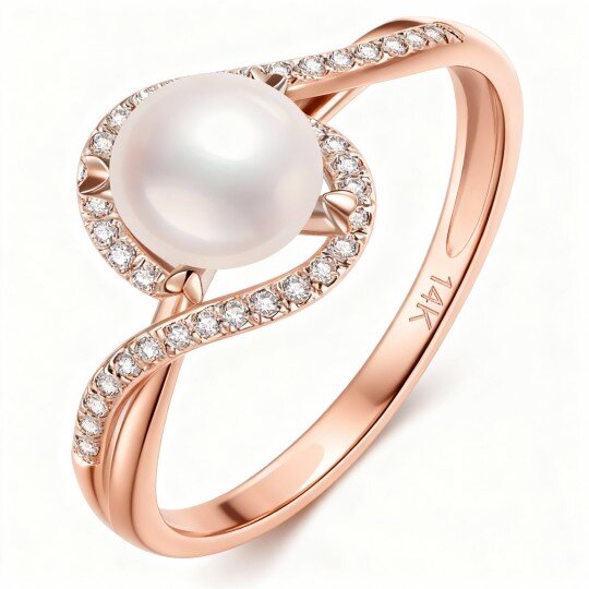 10K Rose Gold Round Cut Diamond & Pearl Custom Wedding Ring