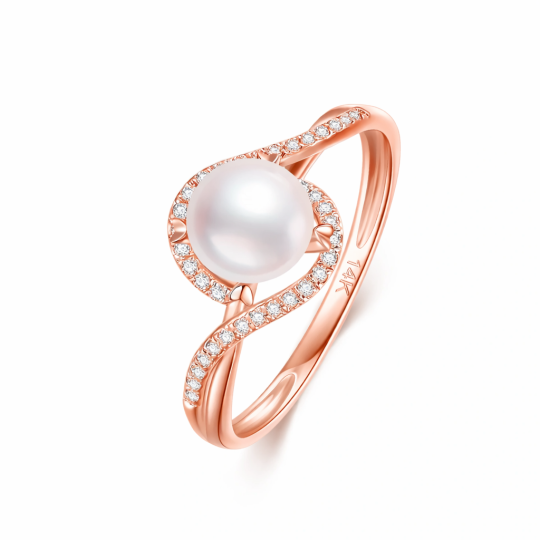 Anillo de boda personalizado de oro rosa de 10 quilates con diamante de corte redondo y perla