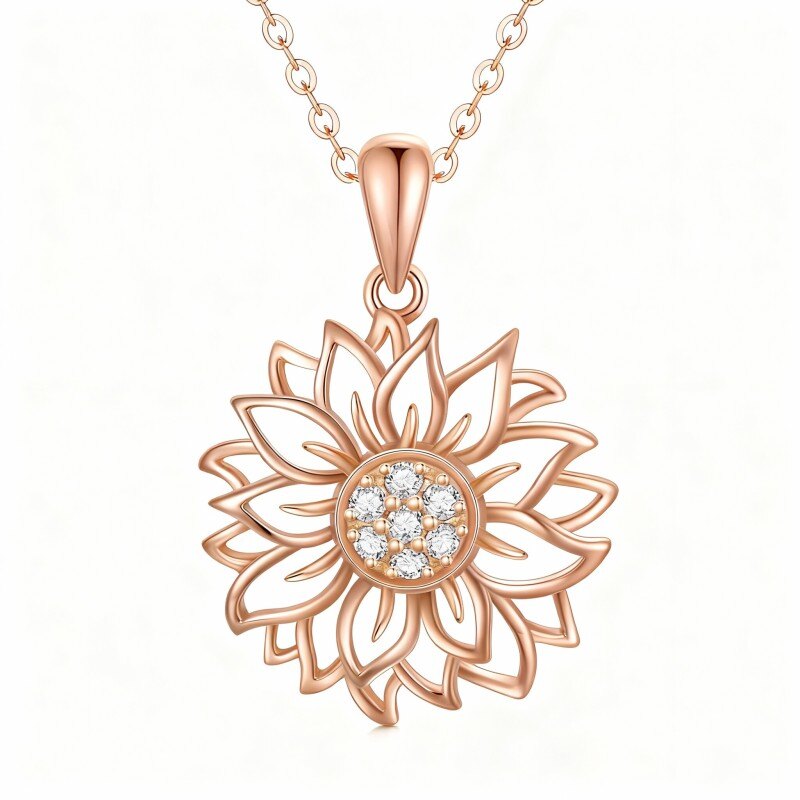 10K Rose Gold Round Cut Diamond Sunflower Pendant Necklace-1