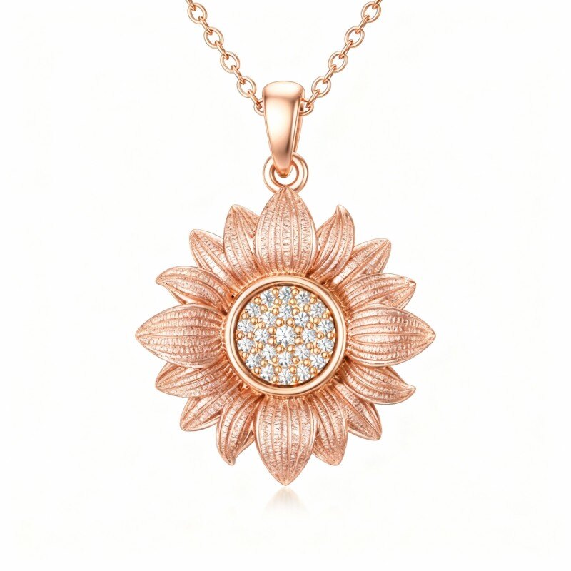 Halskette mit Sonnenblumenanhänger aus 18-karätigem Roségold und runden Diamanten im Brillantschliff-1