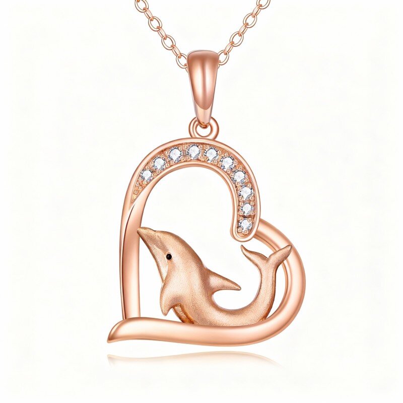 18K Rose Gold Round Cut Cubic Zirconia Dolphin & Heart Pendant Necklace-1