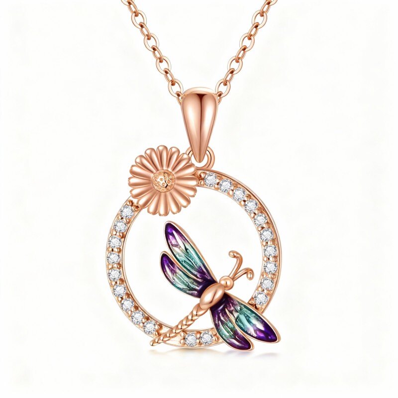 18K Rose Gold Round Cut Cubic Zirconia Dragonfly & Daisy Pendant Necklace-1