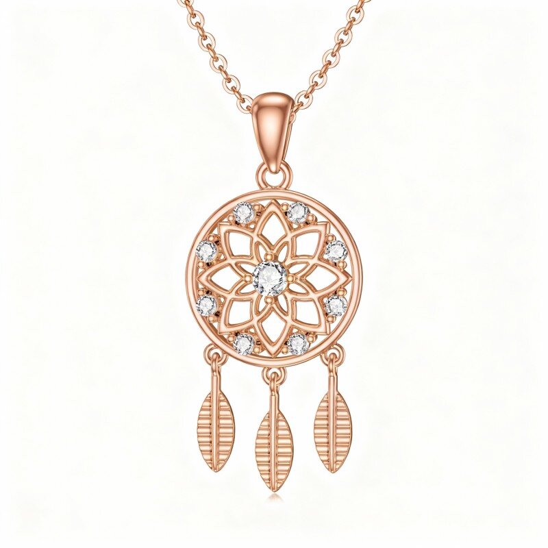 Collar con colgante atrapasueños de circonita cúbica de corte redondo en oro rosa de 14 quilates-1