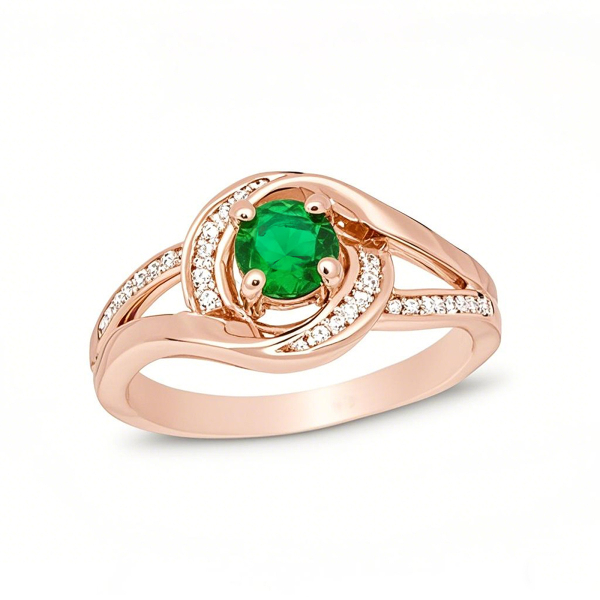 Alliance de fiançailles en or rose 10 carats, sertie d'une émeraude taille ronde et d'un diamant naturel de 0,1 carat, avec monture tourbillonnante et tige fendue.-1