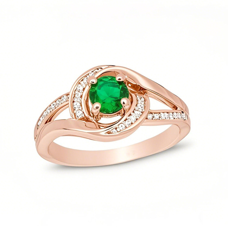 14K Rose Gold Round Cut Emerald and 0.1 CT. T.W. Natural Diamond Swirl Frame Split Shank Engagement Band-1