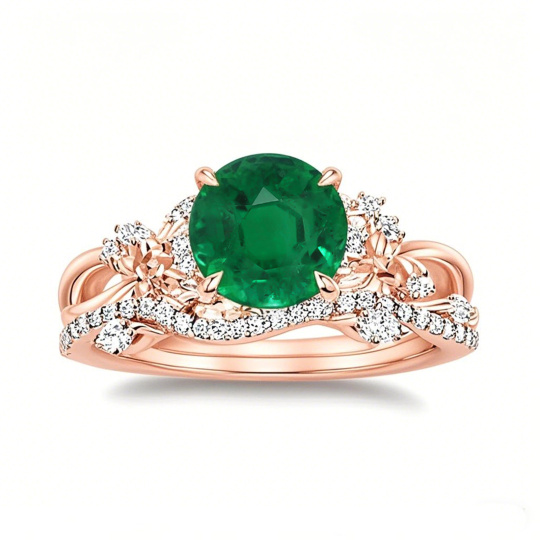 Parure da sposa in oro rosa 10 carati con smeraldo taglio rotondo e diamanti a taglio salice T.W. Luxe da 0,25 ct.