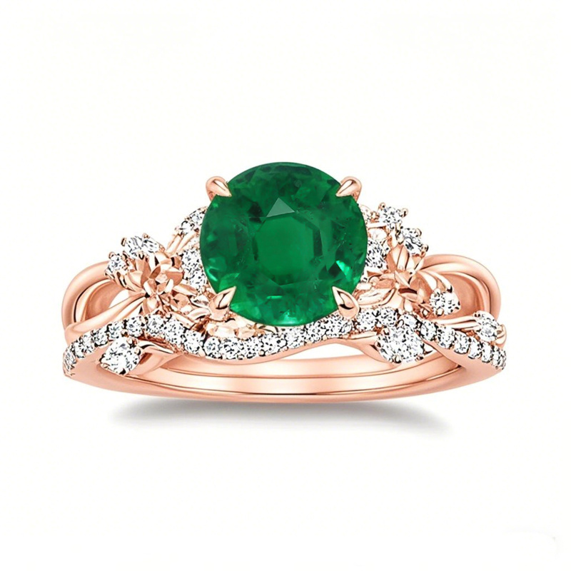Zestaw ślubny z 10-karatowego różowego złota z okrągłym szlifem szmaragdu i luksusowym zestawem diamentów Winding Willow o masie 0,25 ct.-1