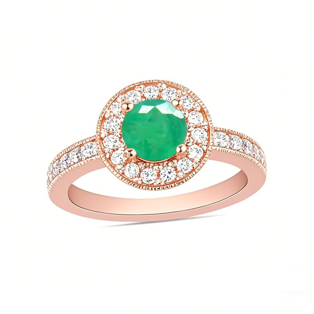 Anello di fidanzamento in stile vintage con smeraldo taglio rotondo da 0,4 ct.T.W. in oro rosa 10 carati e diamanti-1