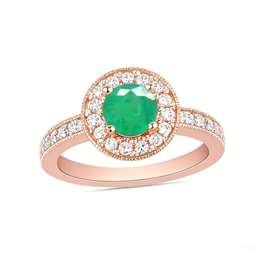 Anello di fidanzamento in stile vintage con smeraldo taglio rotondo da 0,4 ct.T.W. in oro rosa 10 carati e diamanti