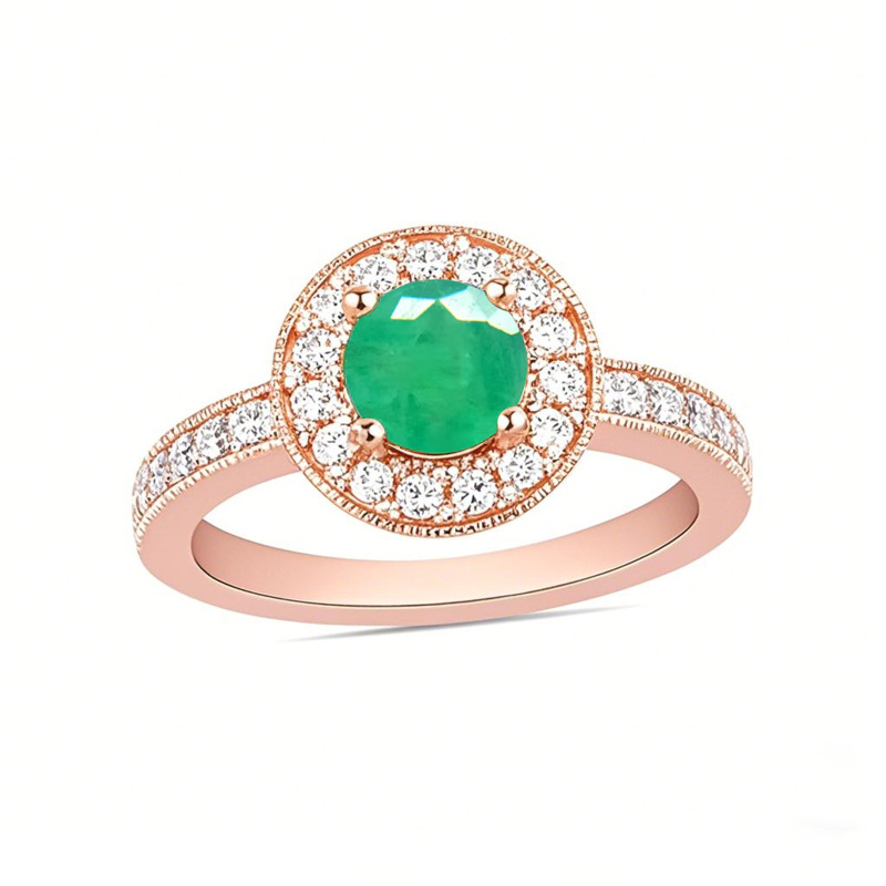 Anello di fidanzamento in stile vintage con smeraldo taglio rotondo da 0,4 ct.T.W. in oro rosa 10 carati e diamanti-1