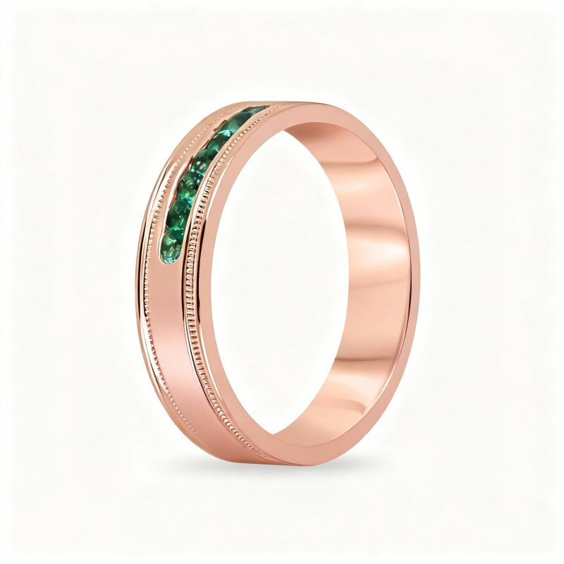 Obrączka ślubna z 10-karatowego różowego złota z okrągłym szlifem szmaragdowym-1