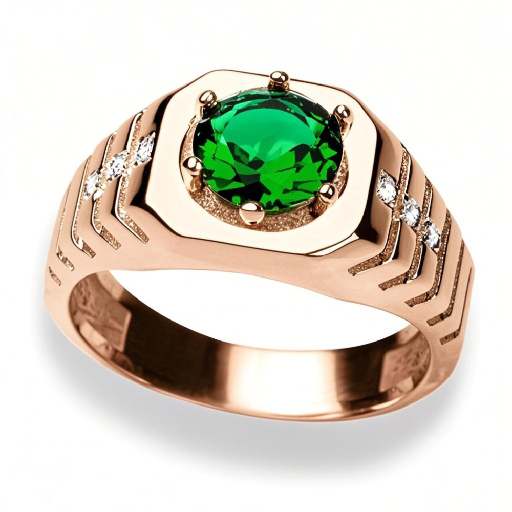 18K roségouden trouwring met ronde smaragd en 6 diamanten accenten voor heren-1