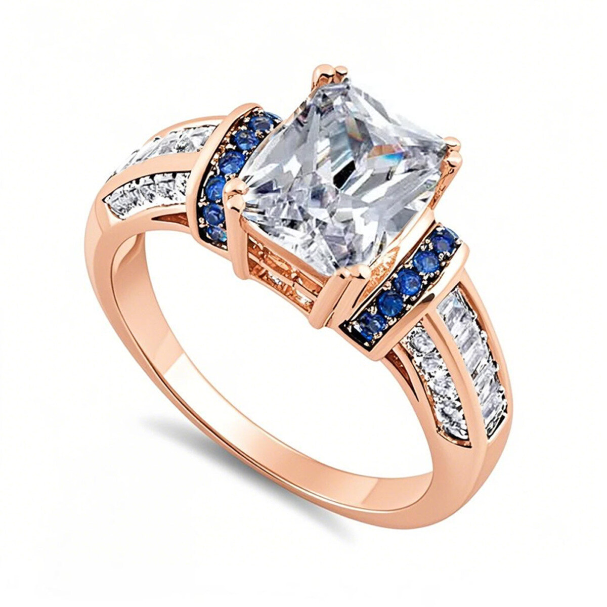 18K Rose Gold Round Cut & Emerald Cut Moissanite Engagement Ring-1