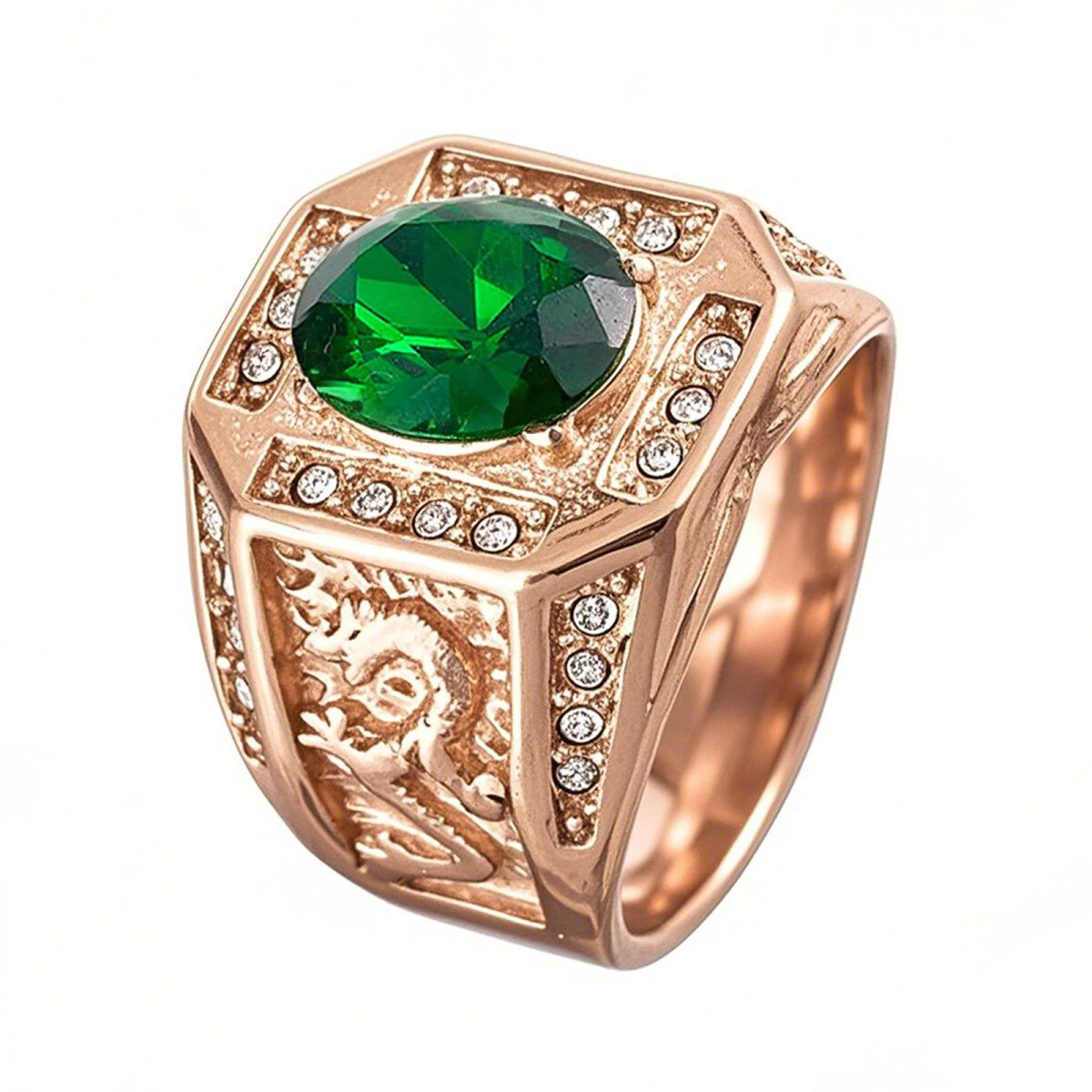 18K Rose Gold Round Cut Emerald & Natrual Diamond Dragon Signet Wedding Band Best Gift for Husband/Father/His-1