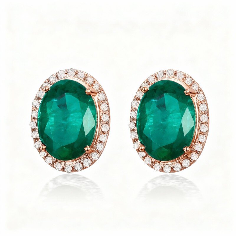Brincos de pino com esmeralda de corte redondo em ouro rosa 10K-6