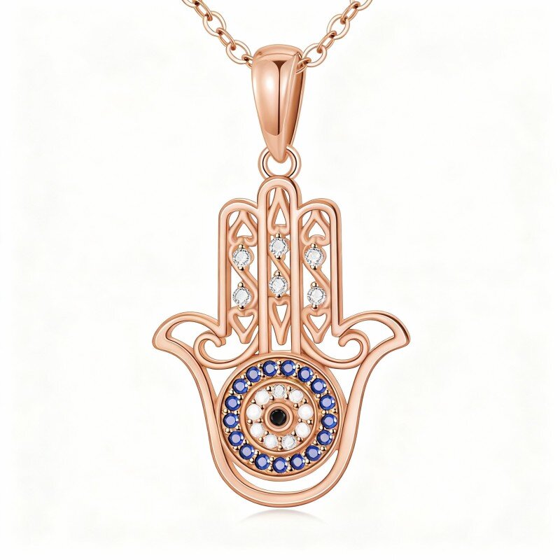 18K Rose Gold Round Cut Cubic Zirconia Evil Eye & Hamsa Hand Pendant Necklace-1