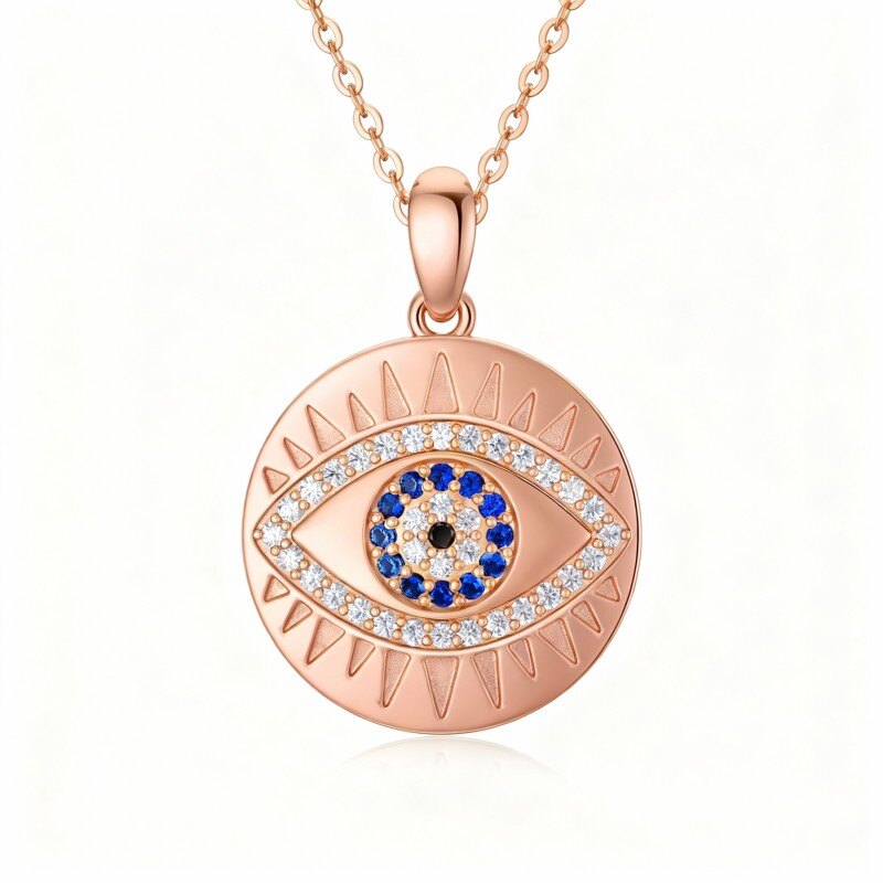 14K Rose Gold Round Cut Cubic Zirconia Evil Eye Pendant Necklace-1