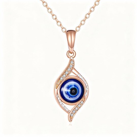 10K Rose Gold Round Cut Cubic Zirconia Evil Eye Pendant Necklace