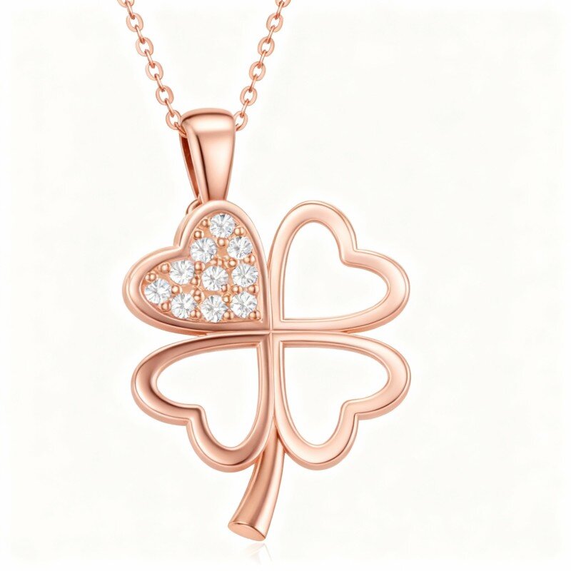 14K Rose Gold Round Cut Cubic Zirconia Four Leaf Clover Pendant Necklace-1