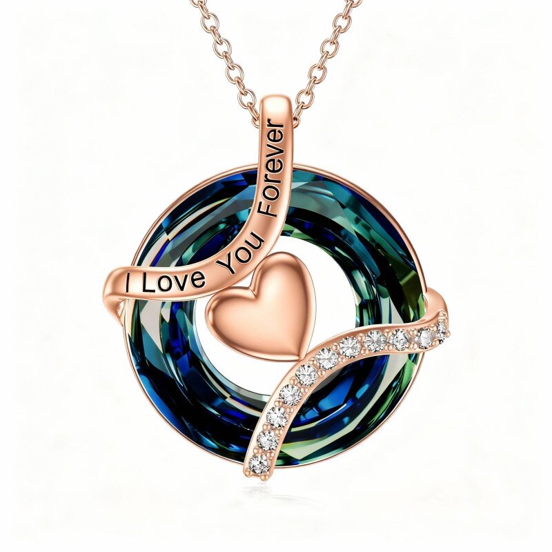 10K Rose Gold Round Cut Heart Crystal Pendant Necklace with Engraved Word-13
