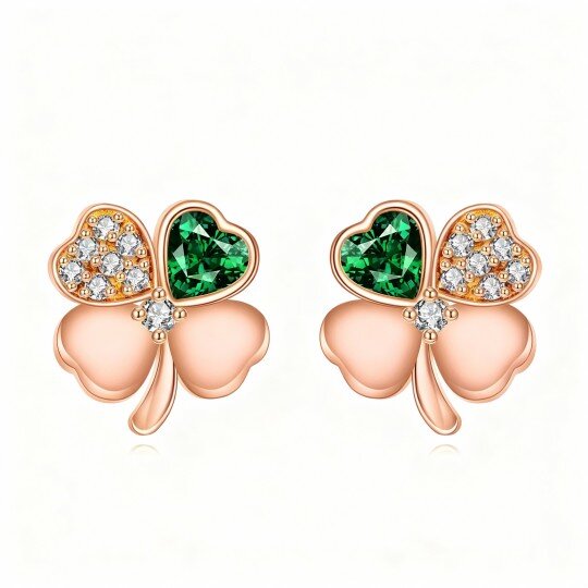 10K Rose Gold Round Cut & Heart Cut Cubic Zirconia Four Leaf Clover Stud Earrings