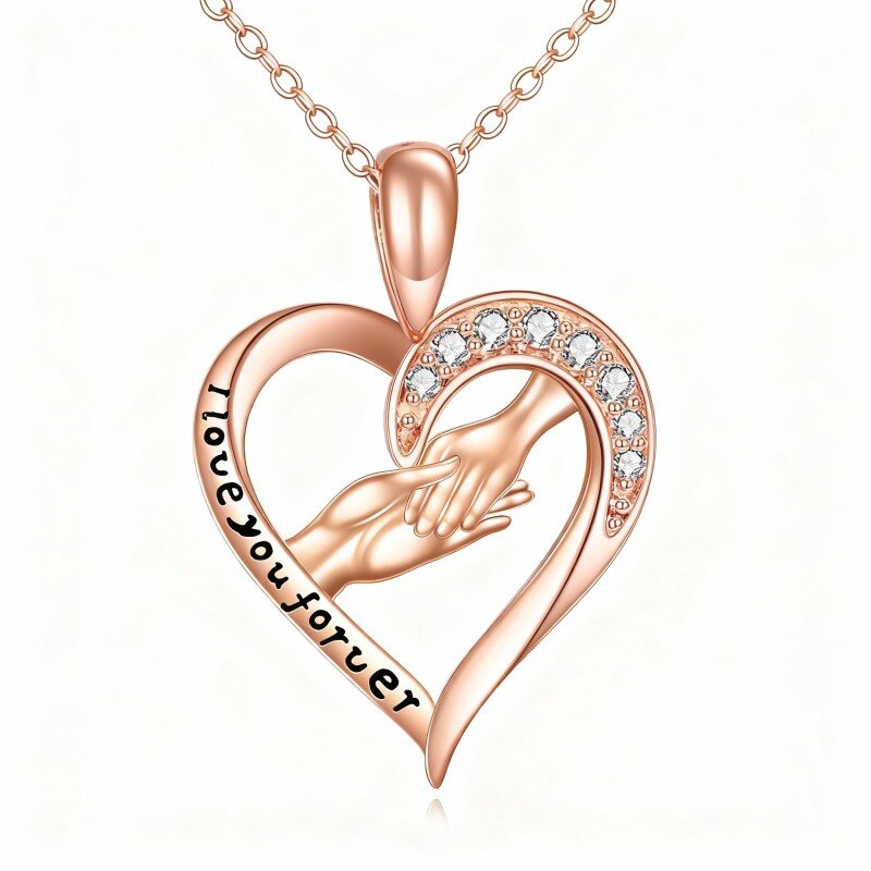 Collar con colgante de corazón y manos entrelazadas en oro rosa de 10 quilates con circonitas cúbicas de talla redonda y palabra grabada-1