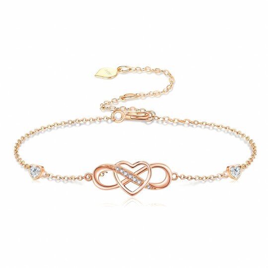 10K Rose Gold Round Cut & Heart Cut Cubic Zirconia Heart & Infinity Symbol Charm Bracelet