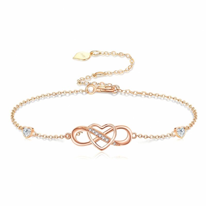 Pulsera de oro rosa de 18 quilates con dije de corazón y símbolo de infinito, circonitas cúbicas de corte redondo y en forma de corazón.-1