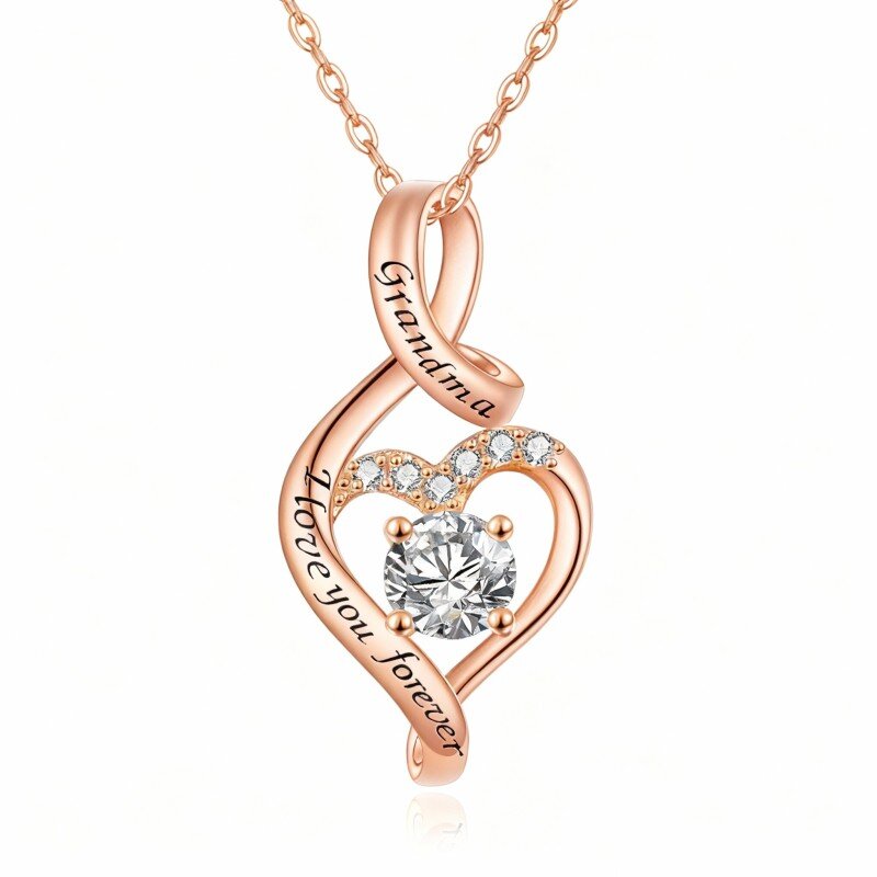 10K Rose Gold Round Cut Cubic Zirconia Heart & Infinity Symbol Pendant Necklace with Engraved Word-1