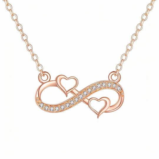 Halskette aus 10-karätigem Roségold mit rundem Zirkonia-Herzanhänger und Unendlichkeitssymbol