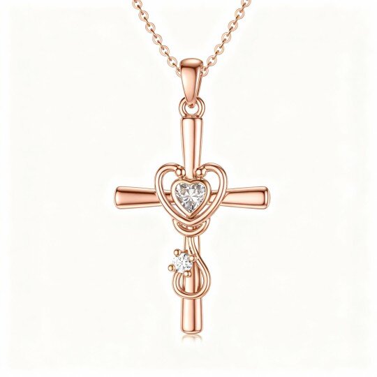 Collier pendentif croix, cœur et stéthoscope en or rose 10 carats, zircon cubique rond et en forme de cœur, moissanite