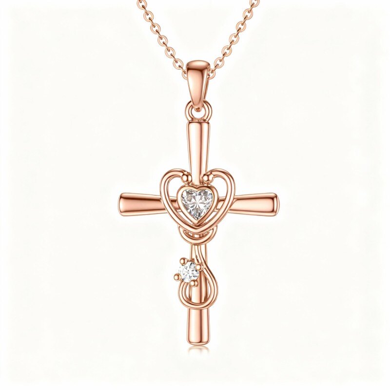 14K Rose Gold Round Cut & Heart Cut Cubic Zirconia & Moissanite Cross & Heart & Stethoscope Pendant Necklace-1