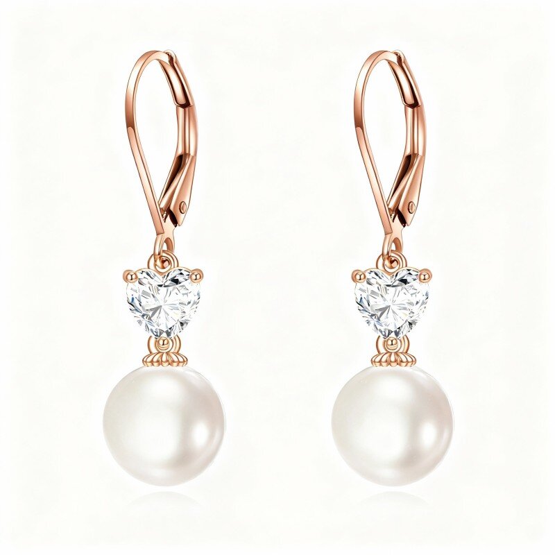 10K Rose Gold Round Cut & Heart Cut Moissanite & Pearl Bead Lever-back Earrings-1