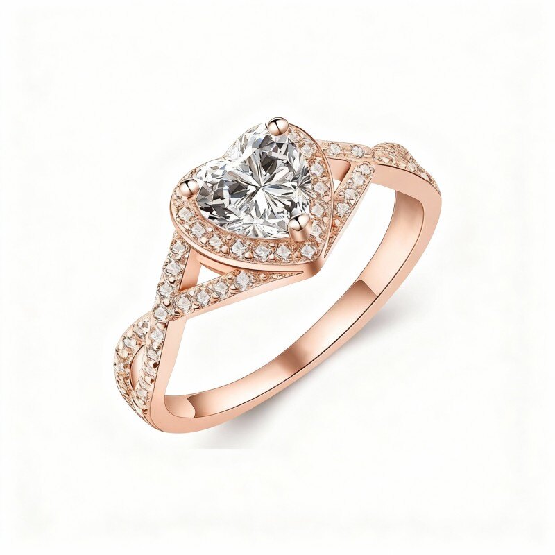 10K Rose Gold Round Cut & Heart Cut Moissanite Wedding Ring-15