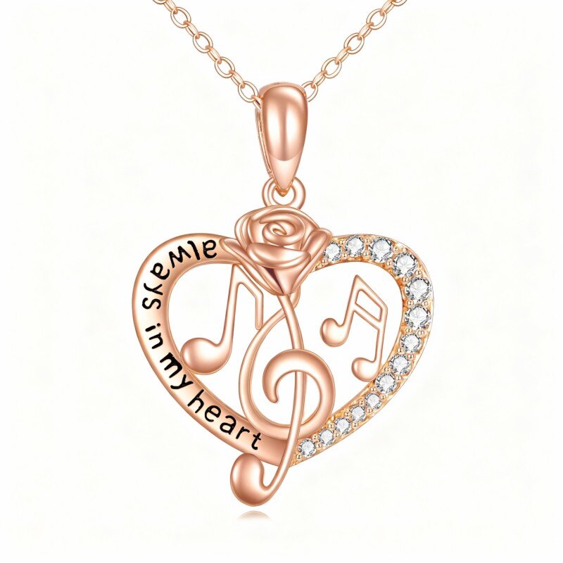 Naszyjnik z 14-karatowego różowego złota z okrągłym szlifem cyrkonii sześciennej, różą, sercem i symbolem muzycznym z grawerowanym słowem-1