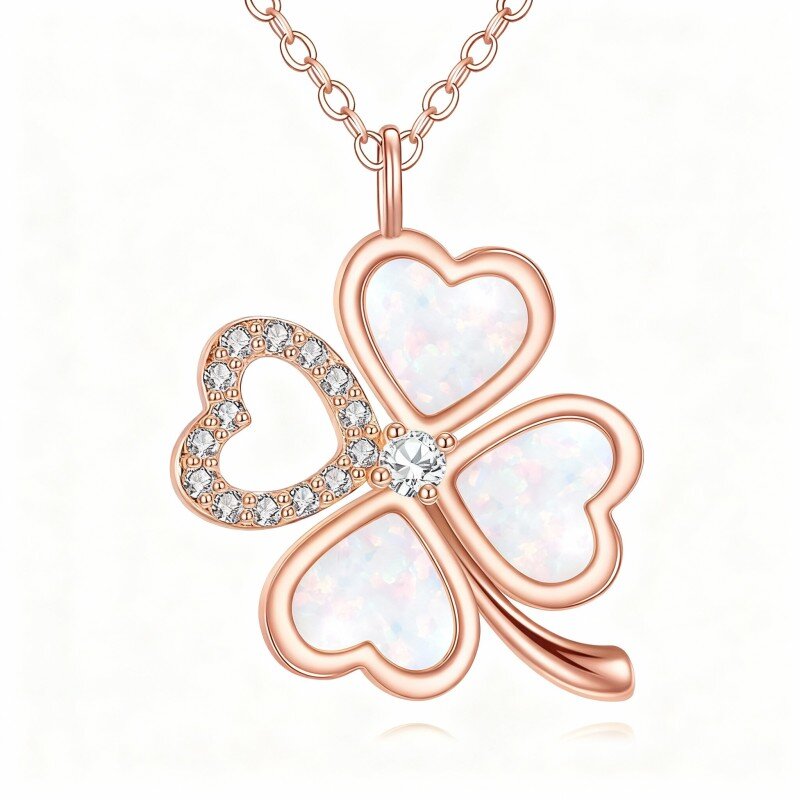 قلادة من الذهب الوردي عيار 14 قيراطًا، مرصعة بزركونيا مكعبة وأوبال، بتصميم على شكل برسيم بأربع أوراق، مقطوعة بشكل دائري وقلب-1