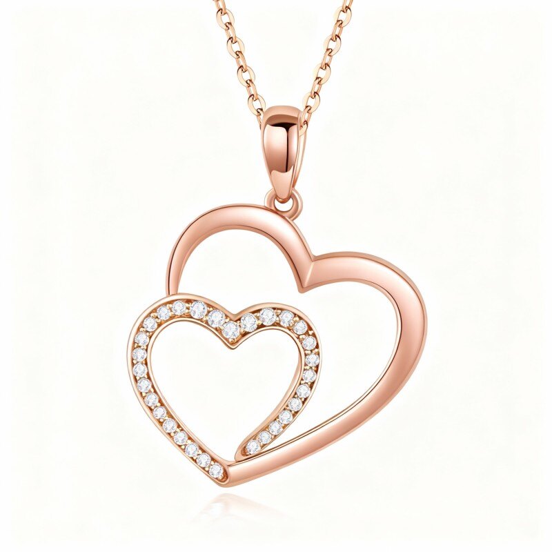 Collar con colgante de corazón con circonita cúbica de corte redondo en oro rosa de 10 quilates-1
