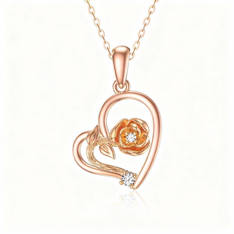 10K Rose Gold Round Cut Cubic Zirconia Rose & Heart Pendant Necklace-1