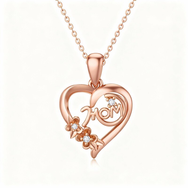 Collar con colgante de corazón de circonita cúbica de corte redondo en oro rosa de 14 quilates con palabra grabada-1