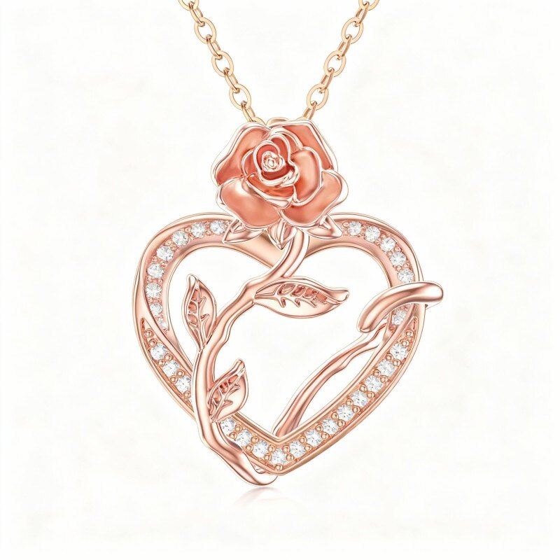Collar con colgante de rosa y corazón de circonita cúbica de talla redonda en oro rosa de 14 quilates-1