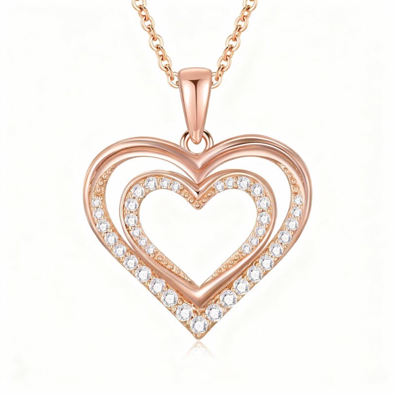 Collar con colgante de corazón de circonita cúbica de corte redondo en oro rosa de 10 quilates-1